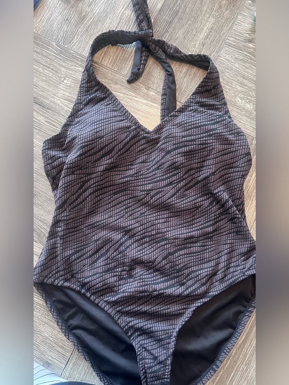 Textured Black and Brown Halter One-Piece Swimsuit